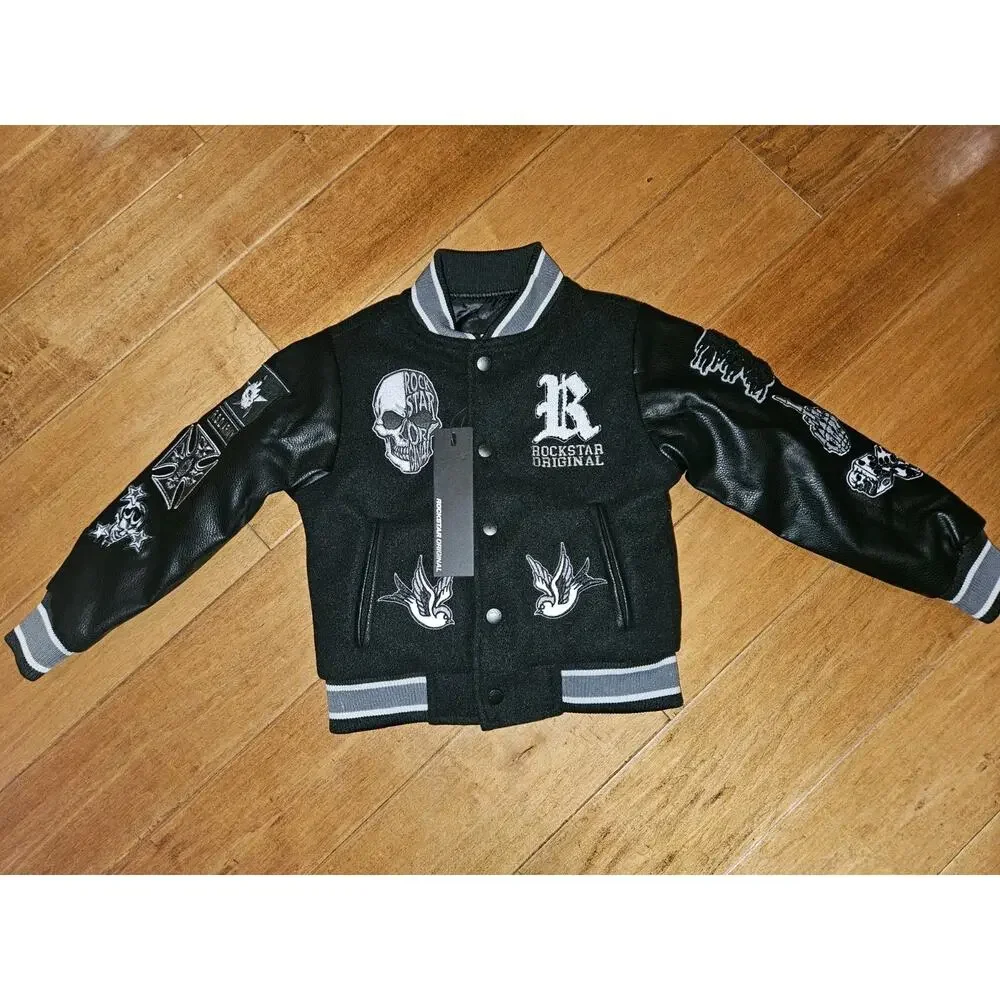 NWT! Rockstar Original YOUTH Boys Vidar Black Varsity Bomber Jacket SZ 6/7 $165